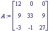 A := matrix([[12, 0, 0], [9, 33, 9], [-3, -1, 27]])...
