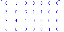 matrix([[0, 1, 0, 0, 0, 0, 0], [3, 0, 3, 1, 1, 0, 0], [-3, -4, -1, 0, 0, 0, 0], [6, 0, 0, 0, 0, 1, 0]])