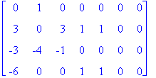 matrix([[0, 1, 0, 0, 0, 0, 0], [3, 0, 3, 1, 1, 0, 0], [-3, -4, -1, 0, 0, 0, 0], [-6, 0, 0, 1, 1, 0, 0]])