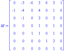 M := matrix([[0, -3, -6, 3, 6, 3, 1], [-1, -4, 0, 4, 0, 1, 0], [0, -1, 0, 3, 0, 3, 0], [0, 0, 0, 1, 0, 1, 0], [0, 0, 1, 1, 0, 1, 0], [0, 0, 0, 0, 1, 3, 0], [0, 0, 0, 0, 0, 1, 0]])