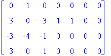 matrix([[0, 1, 0, 0, 0, 0, 0], [3, 0, 3, 1, 1, 0, 0], [-3, -4, -1, 0, 0, 0, 0], [3, 0, 1, 0, 0, 0, 0]])
