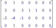 matrix([[0, 1, 0, 0, 0, 0, 0], [3, 0, 3, 1, 1, 0, 0], [-3, -4, -1, 0, 0, 0, 0], [0, 1, 0, 0, 0, 0, 0]])